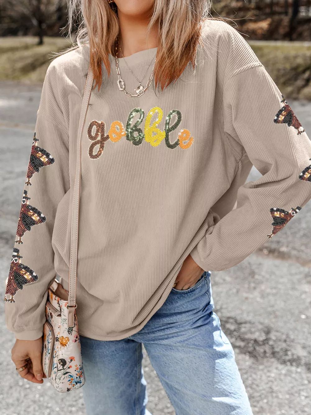Gobble Corded Ribbed Thanksgiving Turkey Sequin Patched Sleeve Sweatshirt