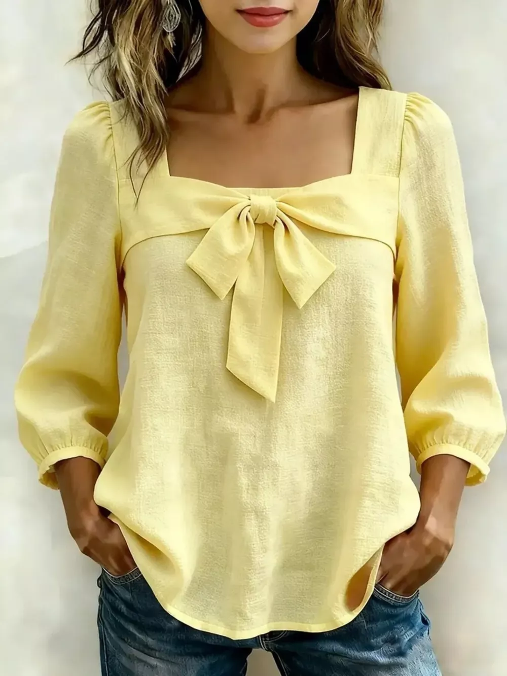 Full Size Bow Front Square Neck Blouse Plus Size, image 5