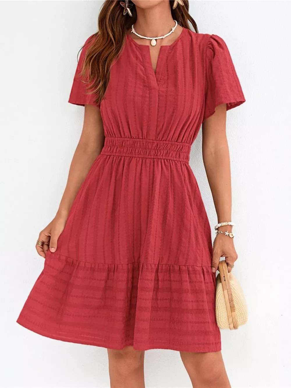 Short Sleeve Smocked Waist Tiered Dress, image 5