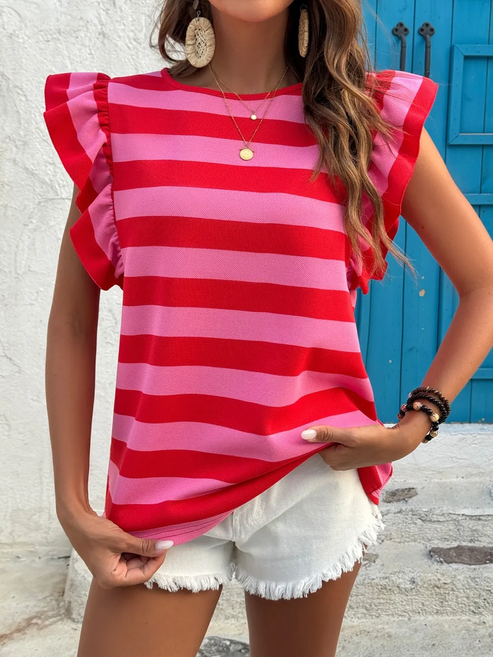 Contrast Striped Ruffle Sleeve T-Shirt, image 7