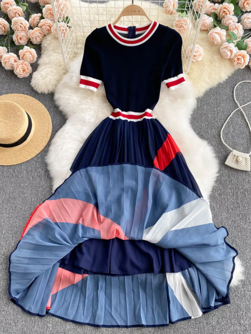Elegant Color Block Pleated Midi Dress, image 5