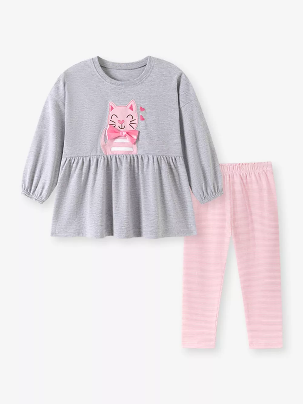 Children's Cute Cat Applique Peplum Top and Striped Leggings Set, image 2