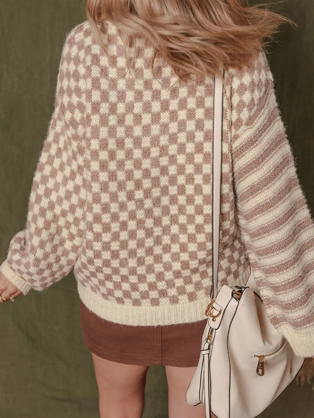Stripe Checkerboard Drop Shoulder Balloon Sleeve Sweater, image 2