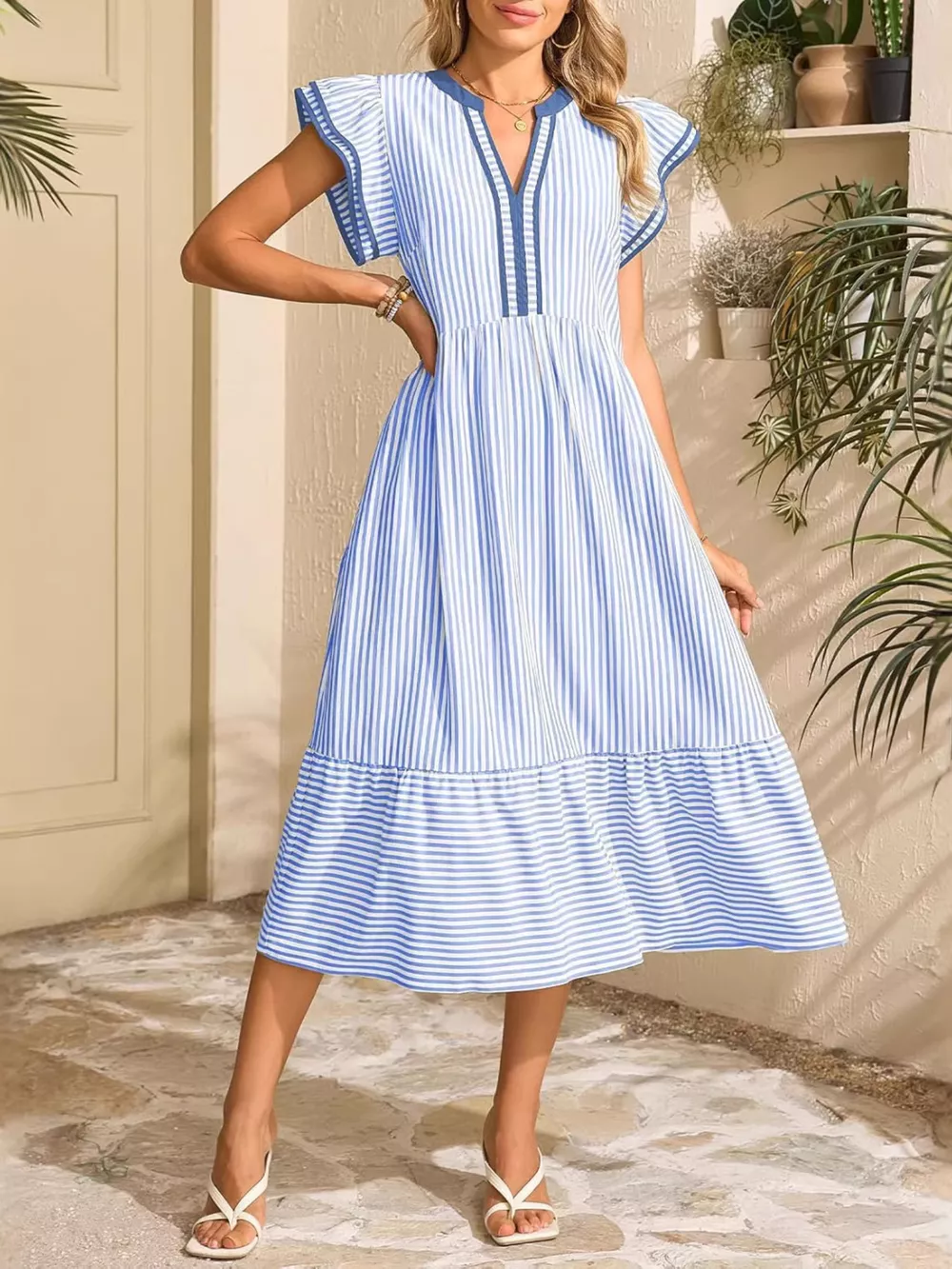 Striped Ruffle Sleeve Midi Dress, image 4