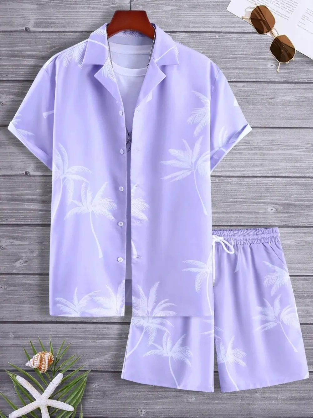 Men's Full Size Palm Print Button Up Shirt and Shorts Set Plus Size, image 7