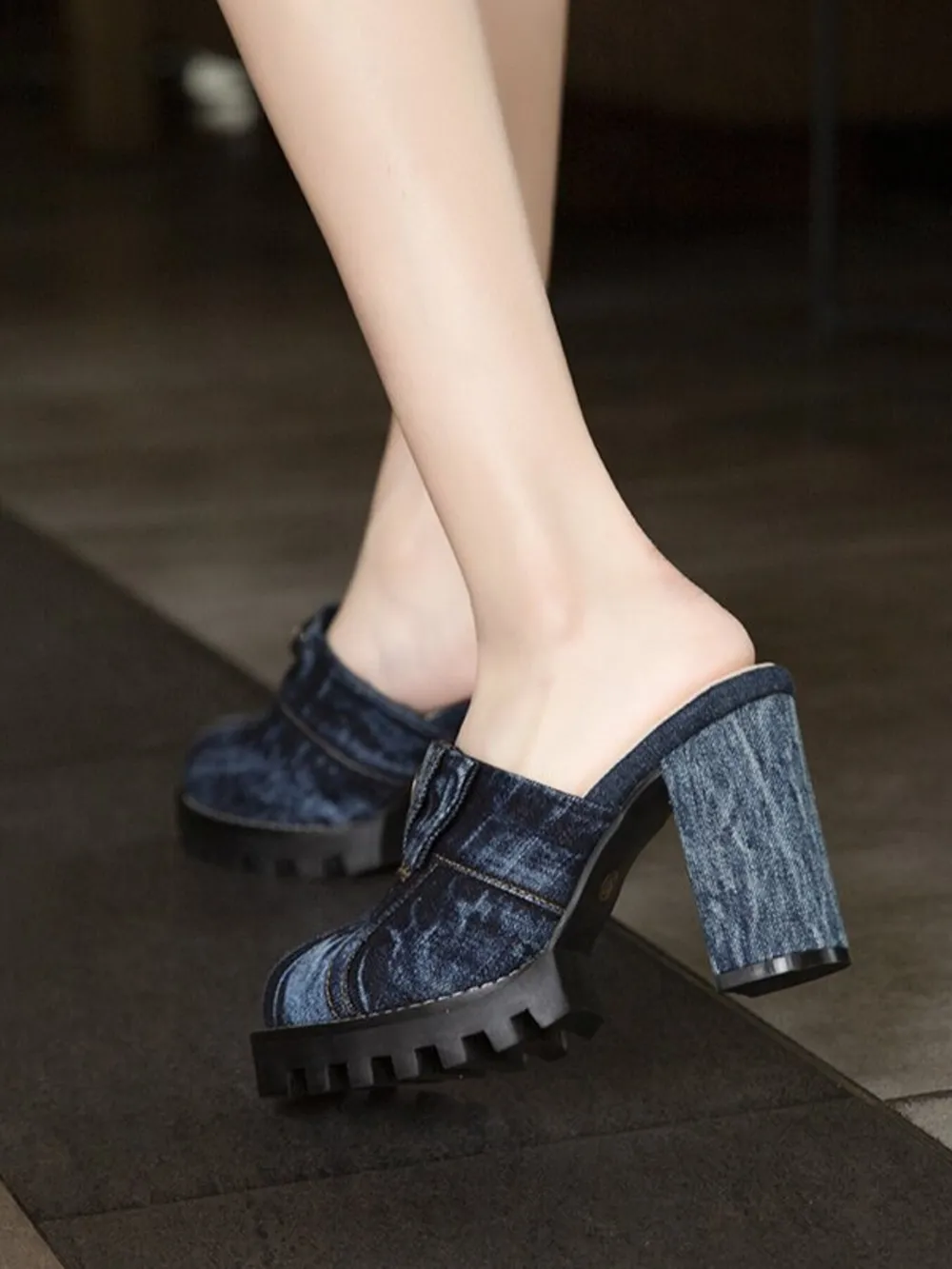 Denim Round Toe Block Heels Sandals, image 3