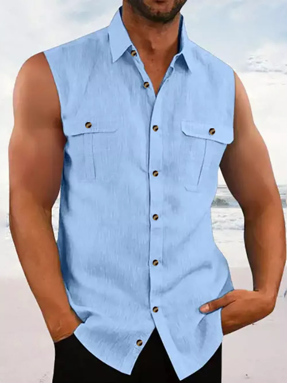 Men's Full Size Sleeveless Button-Up Shirt with Chest Pockets Plus Size, image 3