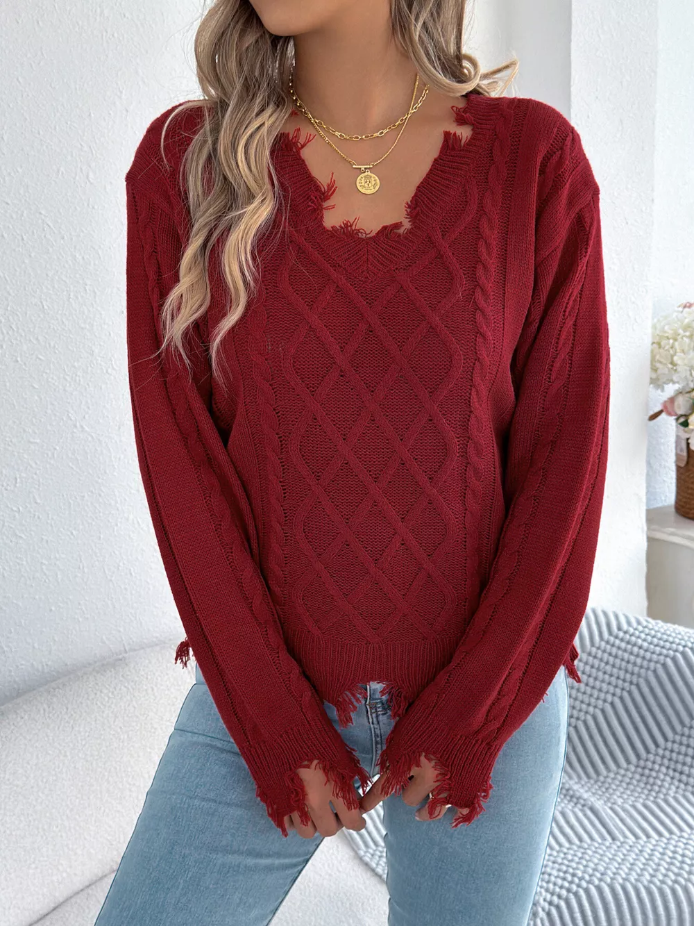 V-Neck Distressed Hem Cable Knit Sweater, image 19