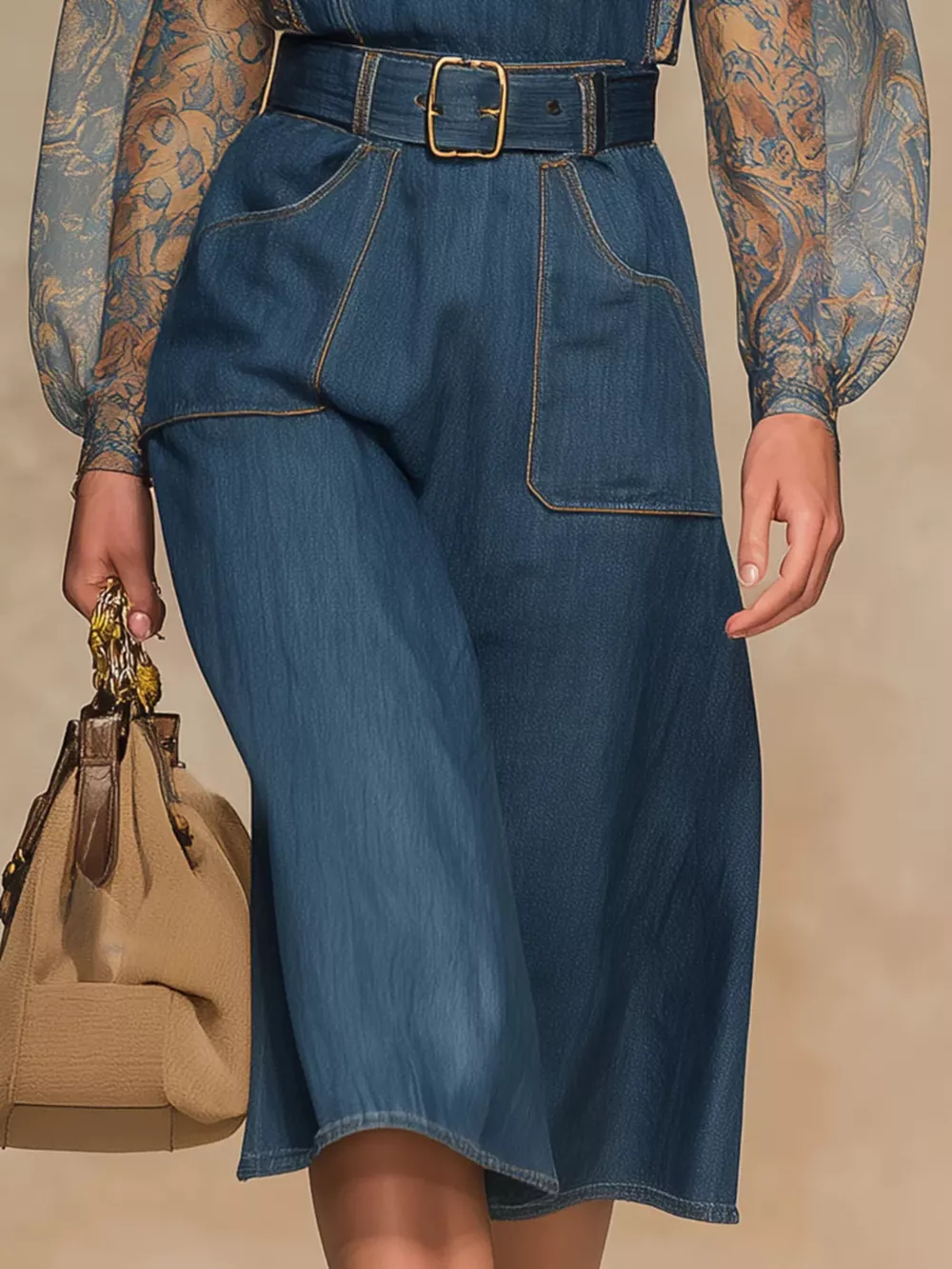 Sheer Floral Sleeves Denim Dress, image 3