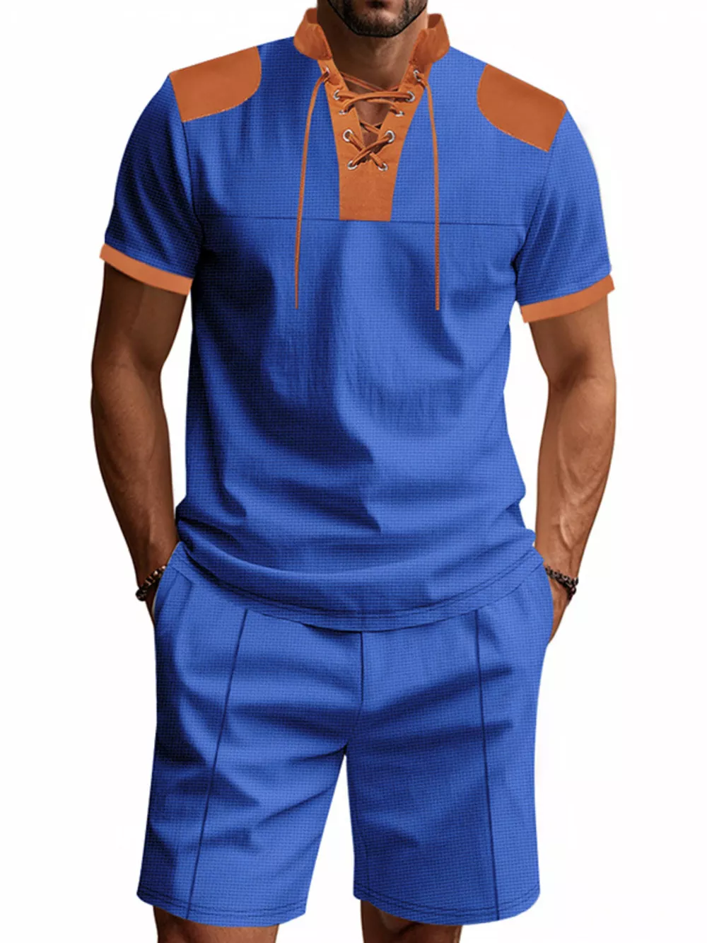 Men's Full Size Lace-Up Collar Casual Top and Shorts Set Plus Size, image 3