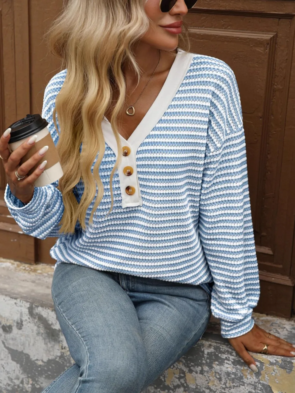 Striped V-Neck Button Front Casual Top, image 6