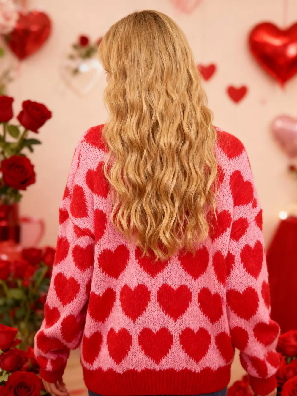 Heart Pattern Dropped Shoulder Sweater, image 6