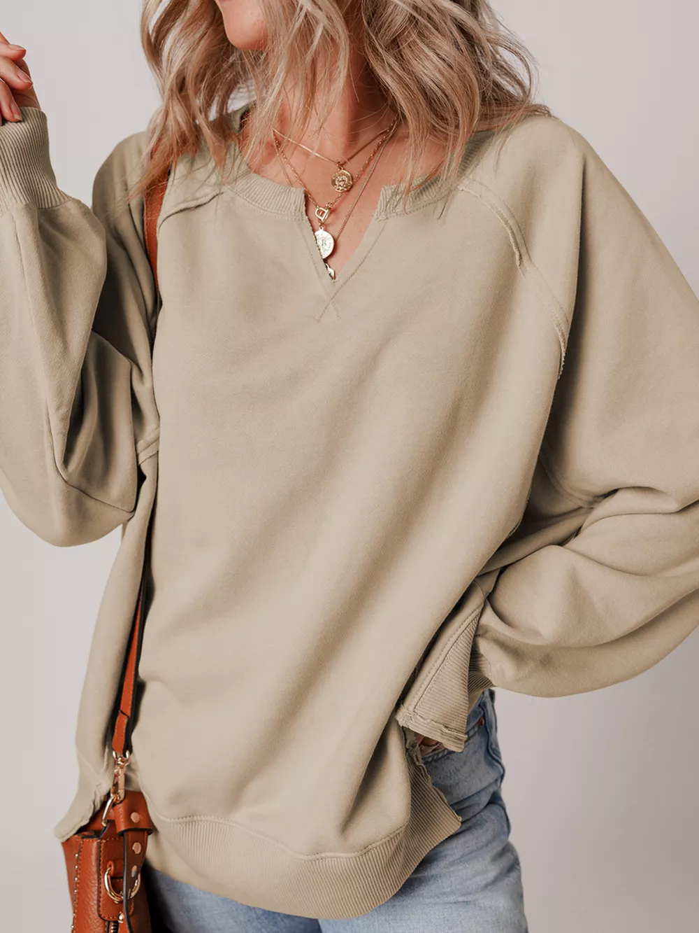 Raw Edge Exposed Seam Raglan Sleeve Side Slit Sweatshirt, image 3