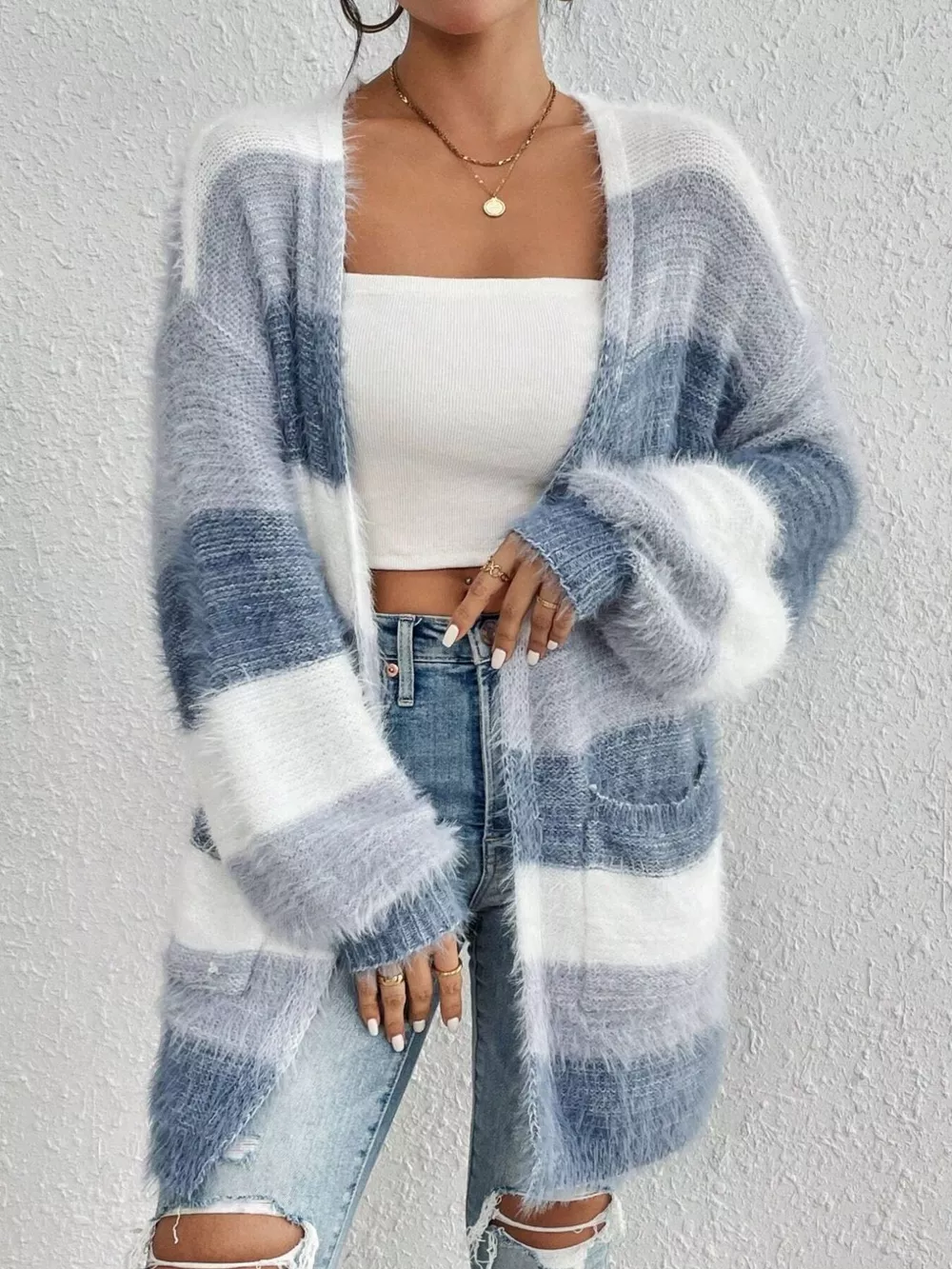 Striped Fuzzy Knit Open Front Cardigan, image 5