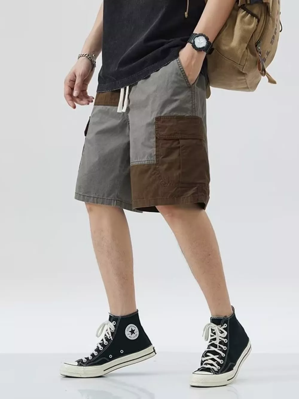 Men's Plus Size Two-Tone Cargo Shorts with Drawstring, image 2