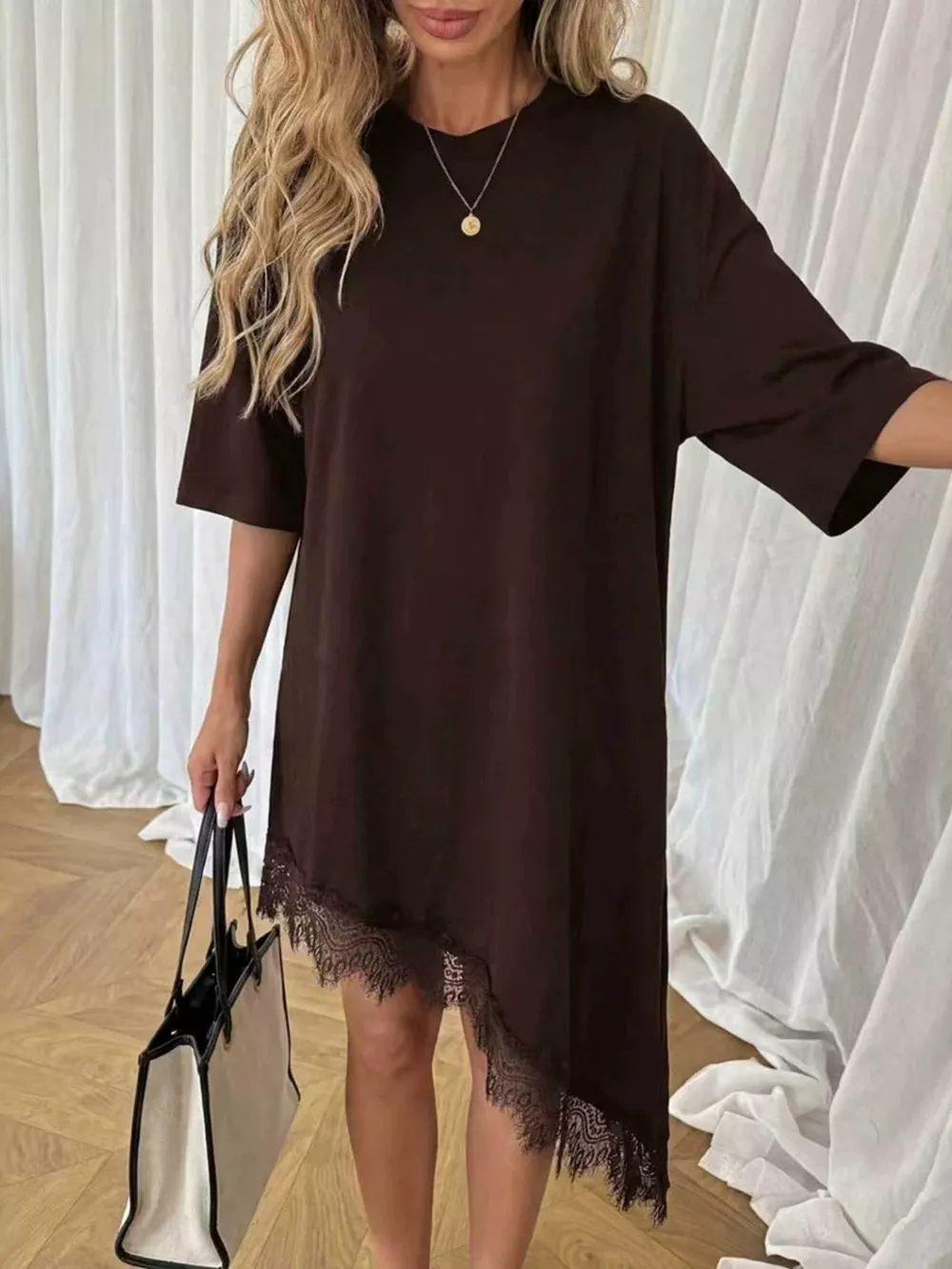 Lace Trim Asymmetrical Hem T-shirt Dress, image 16