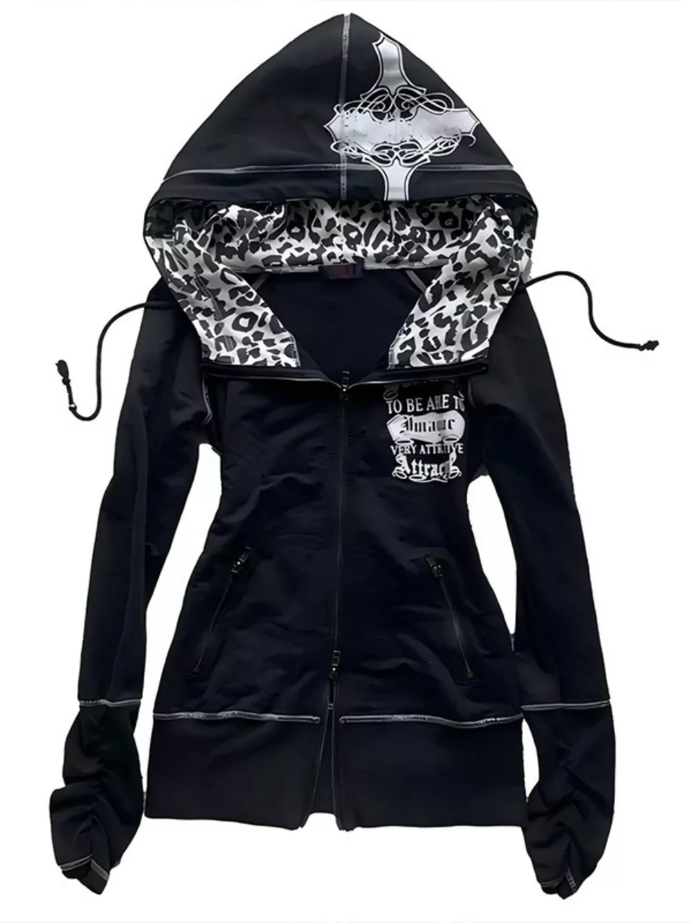 Gothic Cross Leopard Lined Zip-Up Hoodie