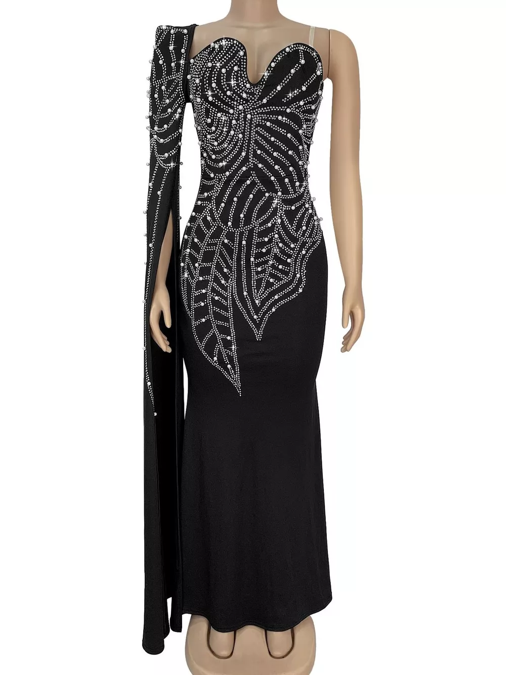 Rhinestone Pearl Detail One-Shoulder Mermaid Maxi Dress, image 4