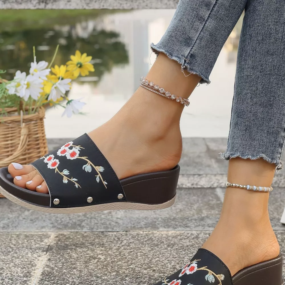 Floral Embroidered Wedge Sandals, image 16