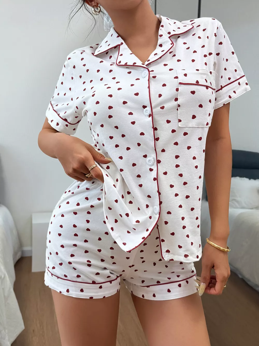 Heart Print Button-Down Short Sleeve Top and Shorts Lounge Set, image 2