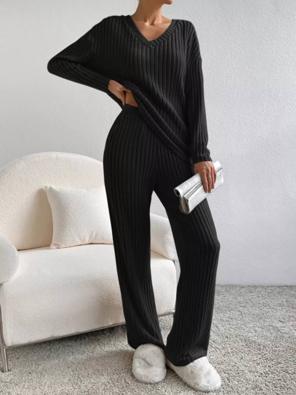 Ribbed Knit Long Sleeve Top and Pants Set, image 15