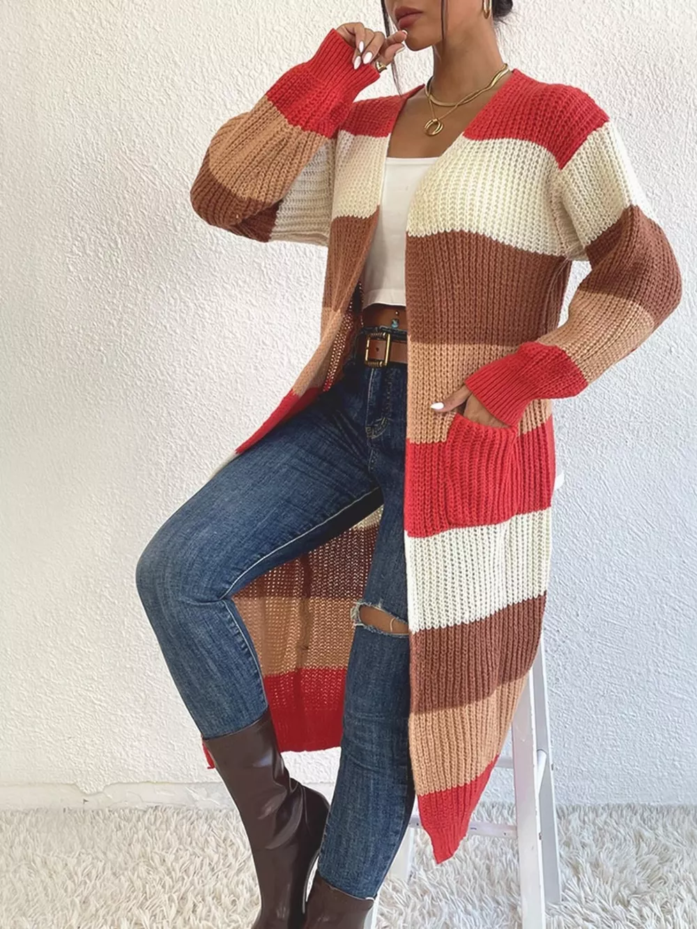 Striped Color Block Open Front Knit Cardigan, image 7