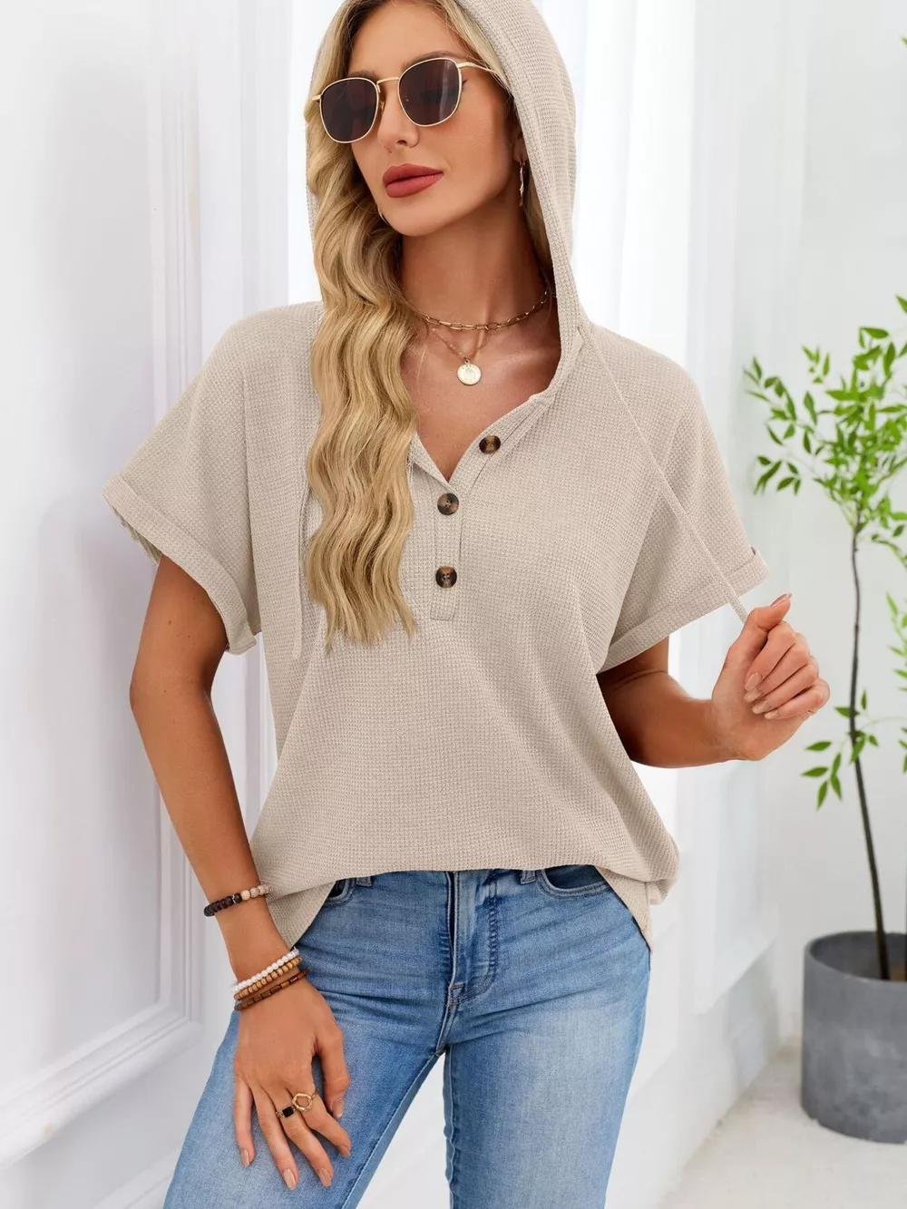 Casual Waffle Knit Button Detail Hooded Top, image 13