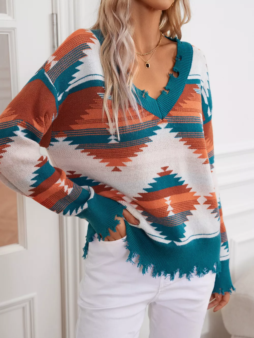 Geometric Frayed Hem V-Neck Long Sleeve Sweater, image 19