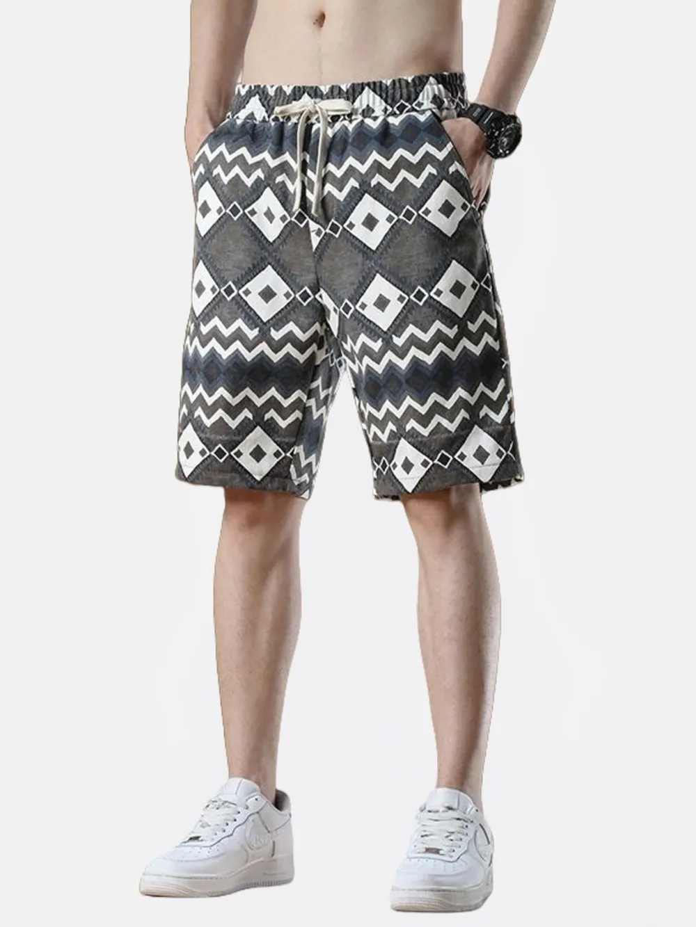 Men's Plus Size Geometric Pattern Drawstring Casual Shorts, image 5