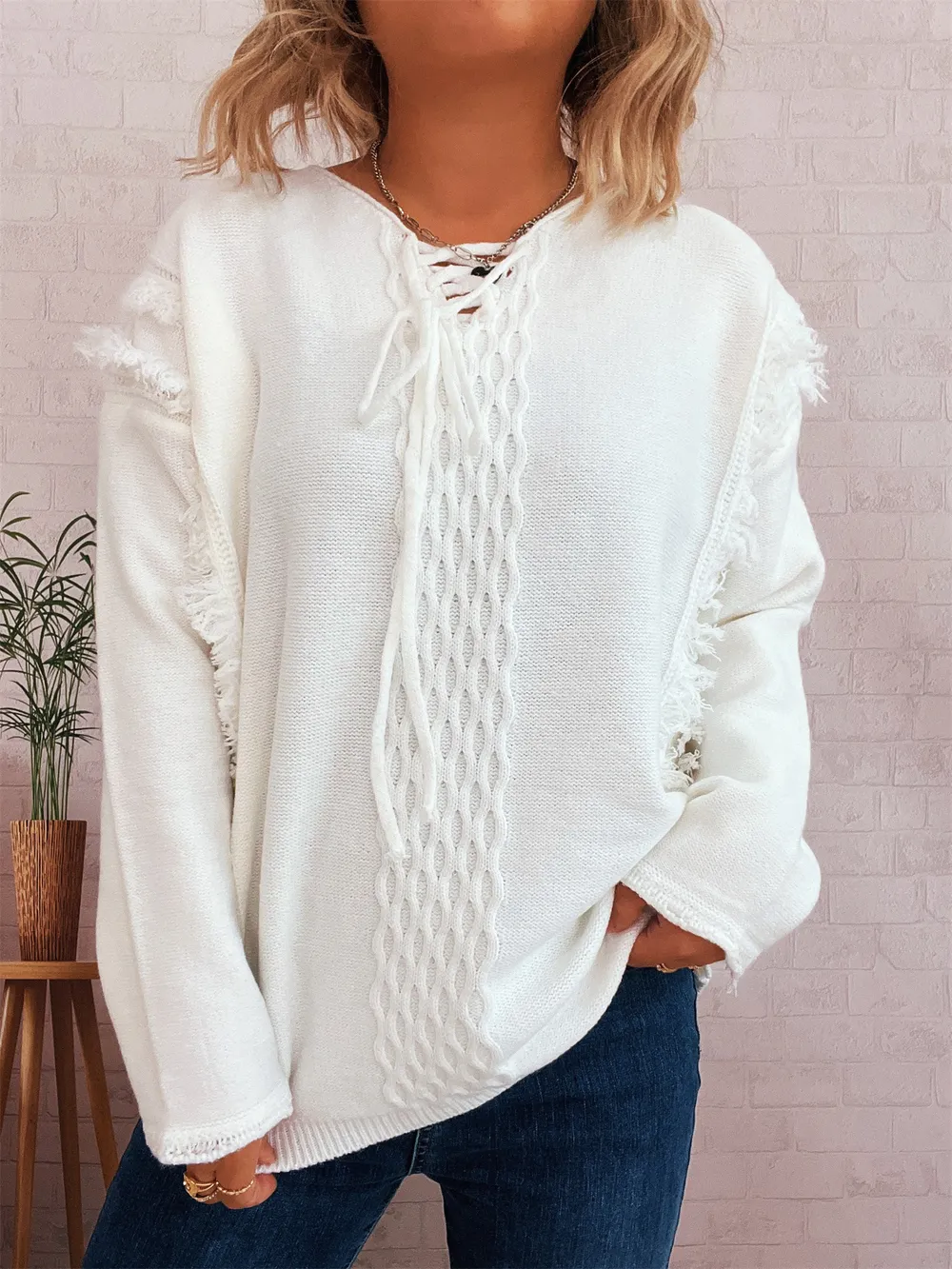 Raw Hem Lace Up Front Sweater, image 2