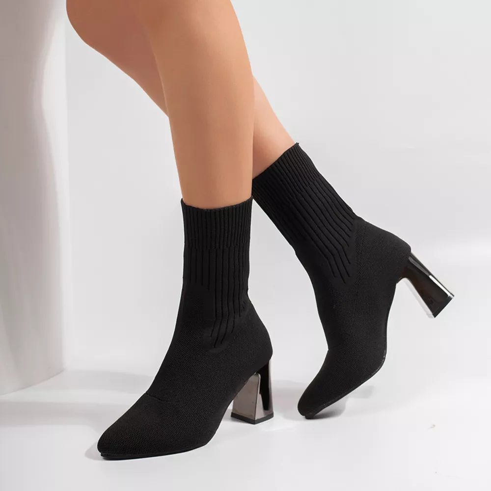 Stretchy Knit Sock Boots with Block Heels, image 5