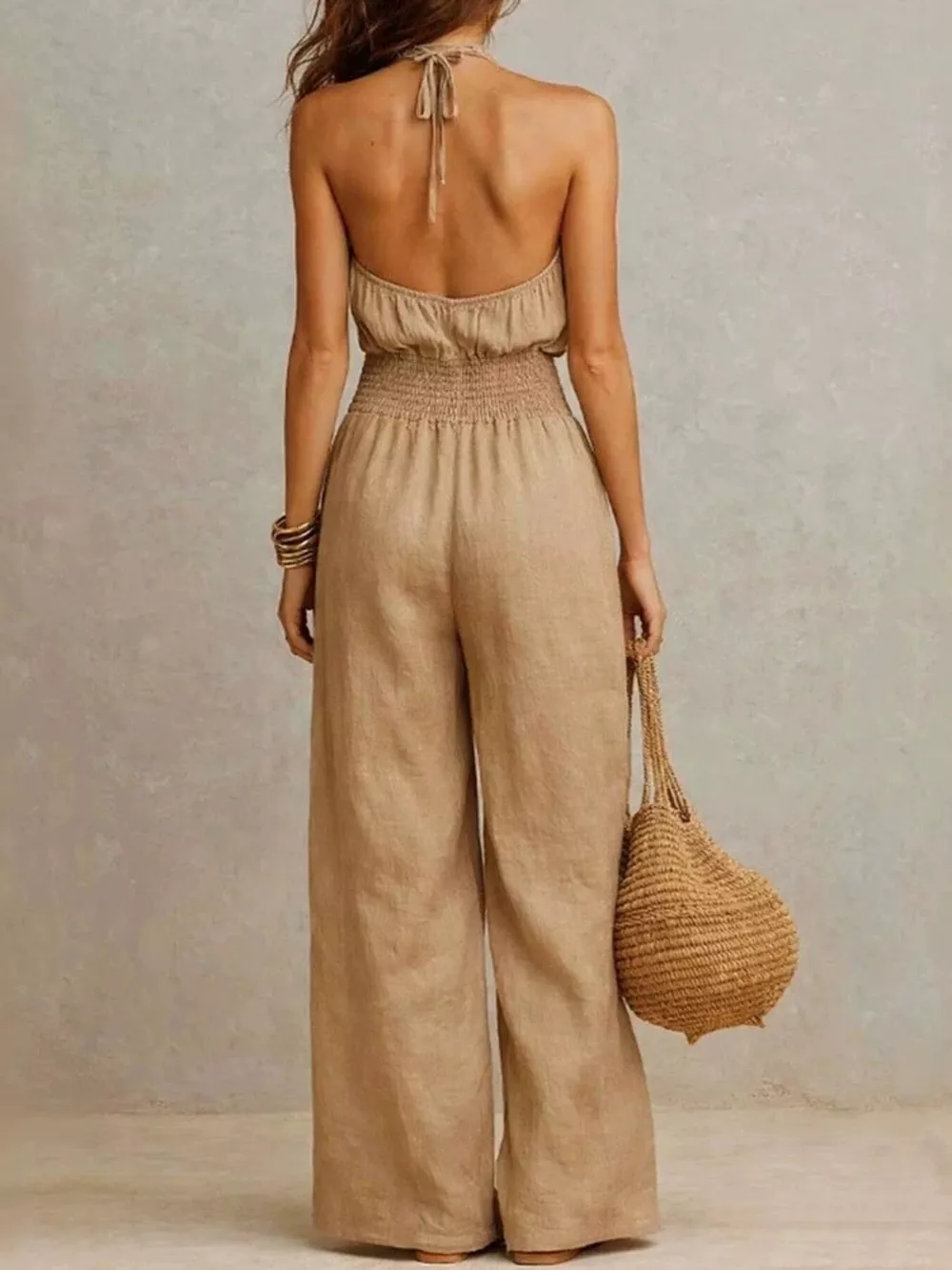 Smocked Halter Neck Wide-Leg Jumpsuit, image 3
