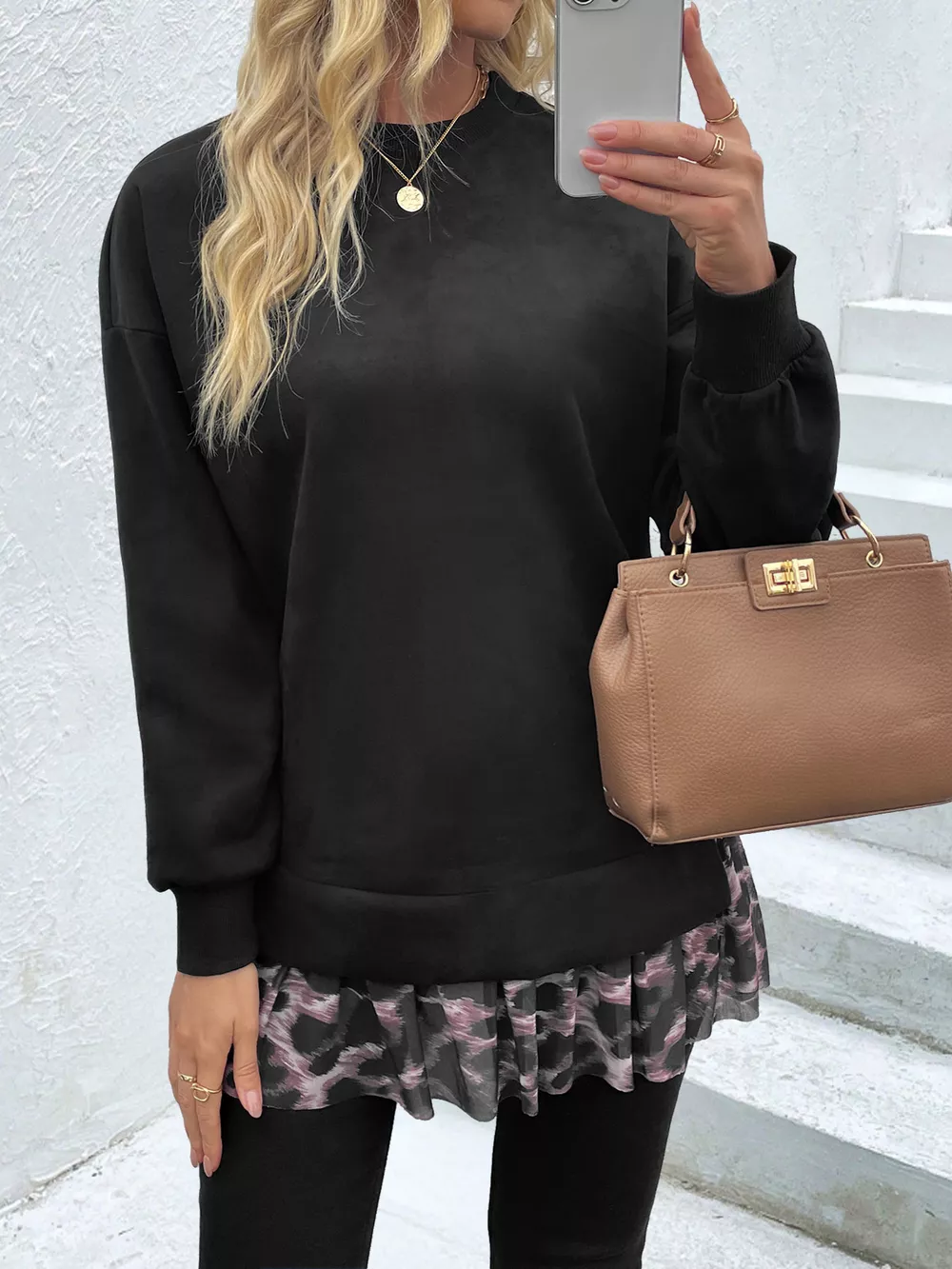 Camouflage Hem Detail Round Neck Sweatshirt, image 5