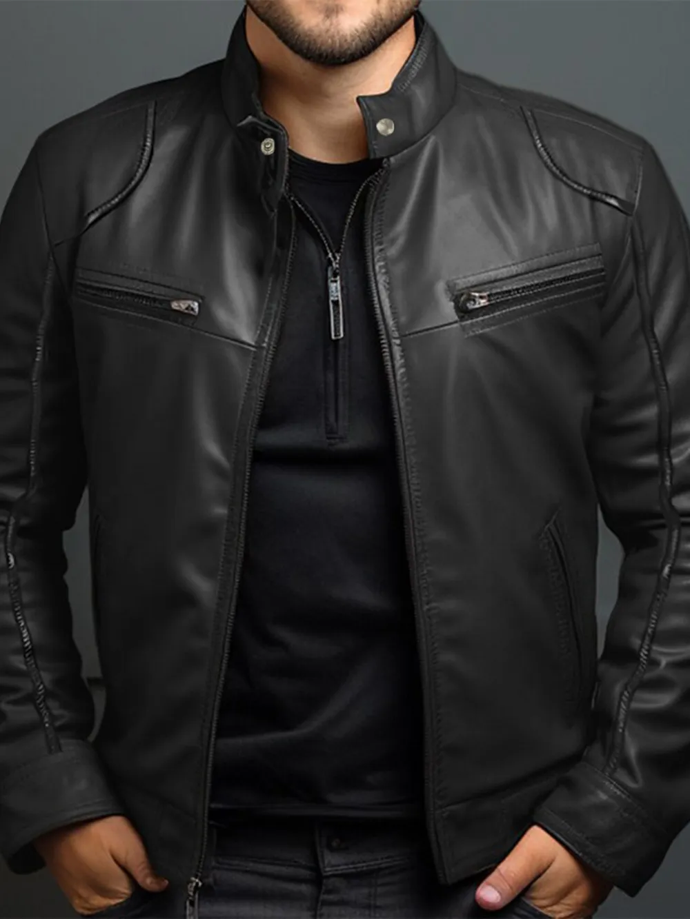 Men's Full Size Leather Motorcycle Jacket with Zipper Front Plus Size
