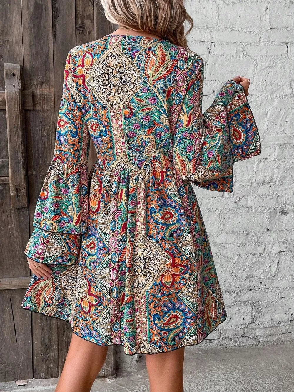 Paisley Print V-Neck Bell Sleeve Mini Dress, image 4