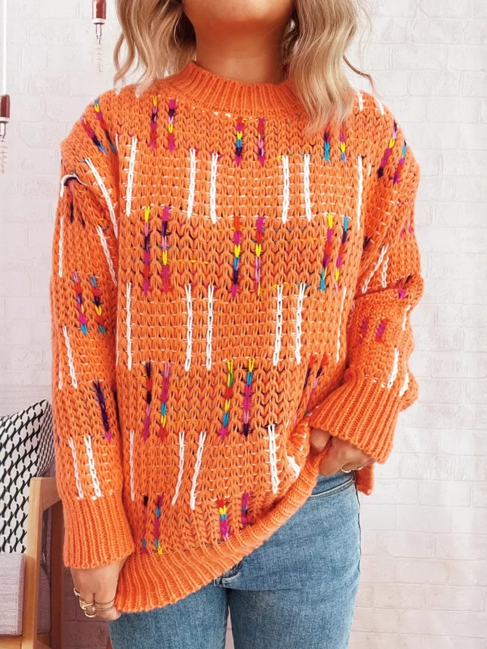 Colorful Round Neck Long Sleeve Sweater, image 19