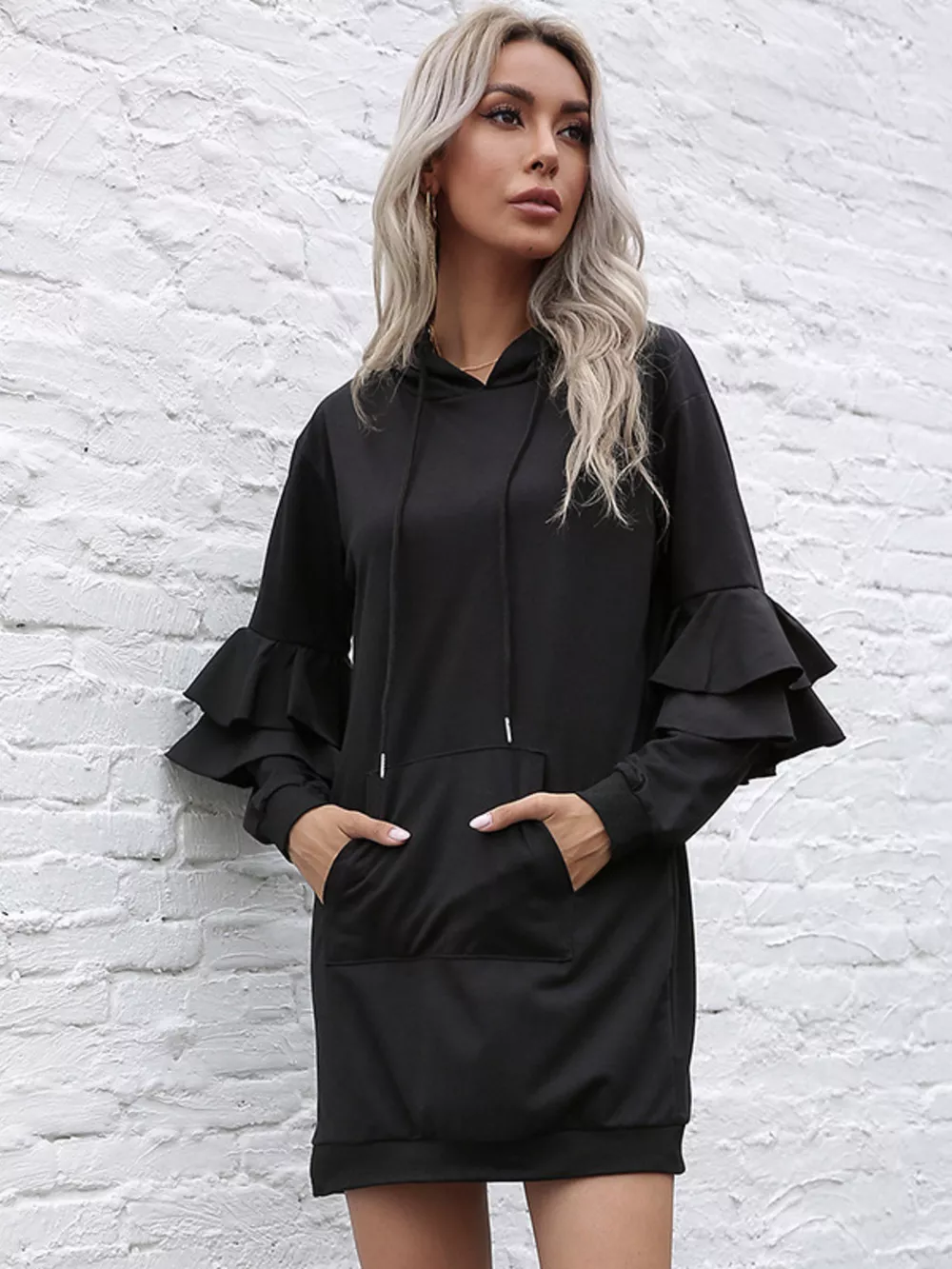 Ruffle Long Sleeve Hooded Mini Dress, image 2