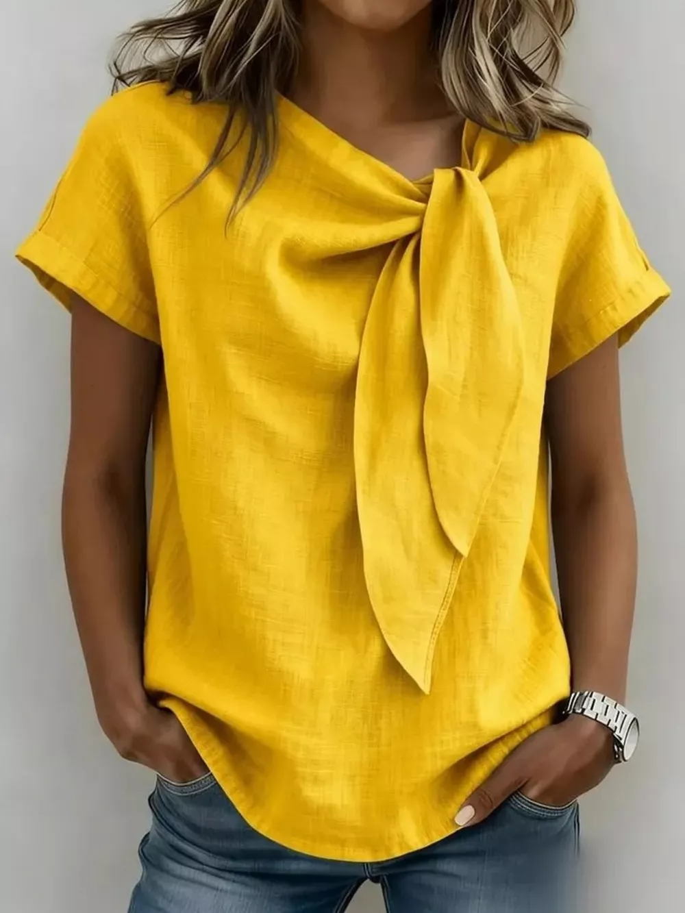 Full Size Bow Tie Neck Short Sleeve Blouse Plus Size, image 6