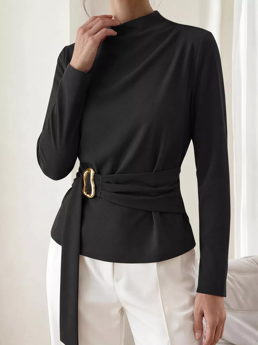 Mock Neck Blouse with Waist-Defining Metal Buckle Detail, image 5