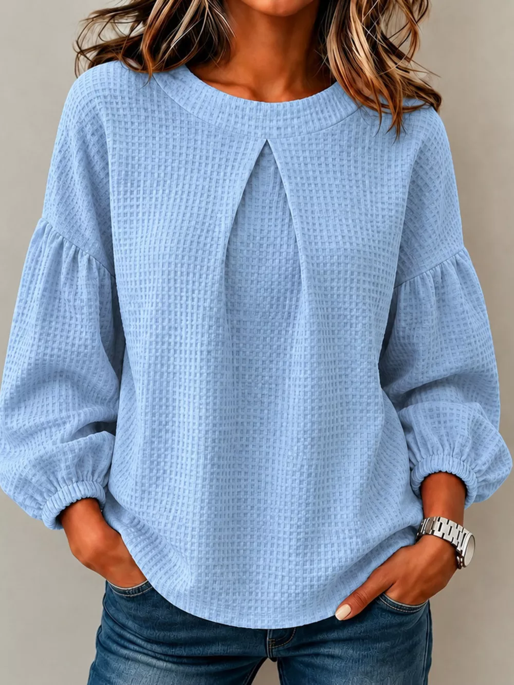 Waffle Knit Round Neck Top, image 9