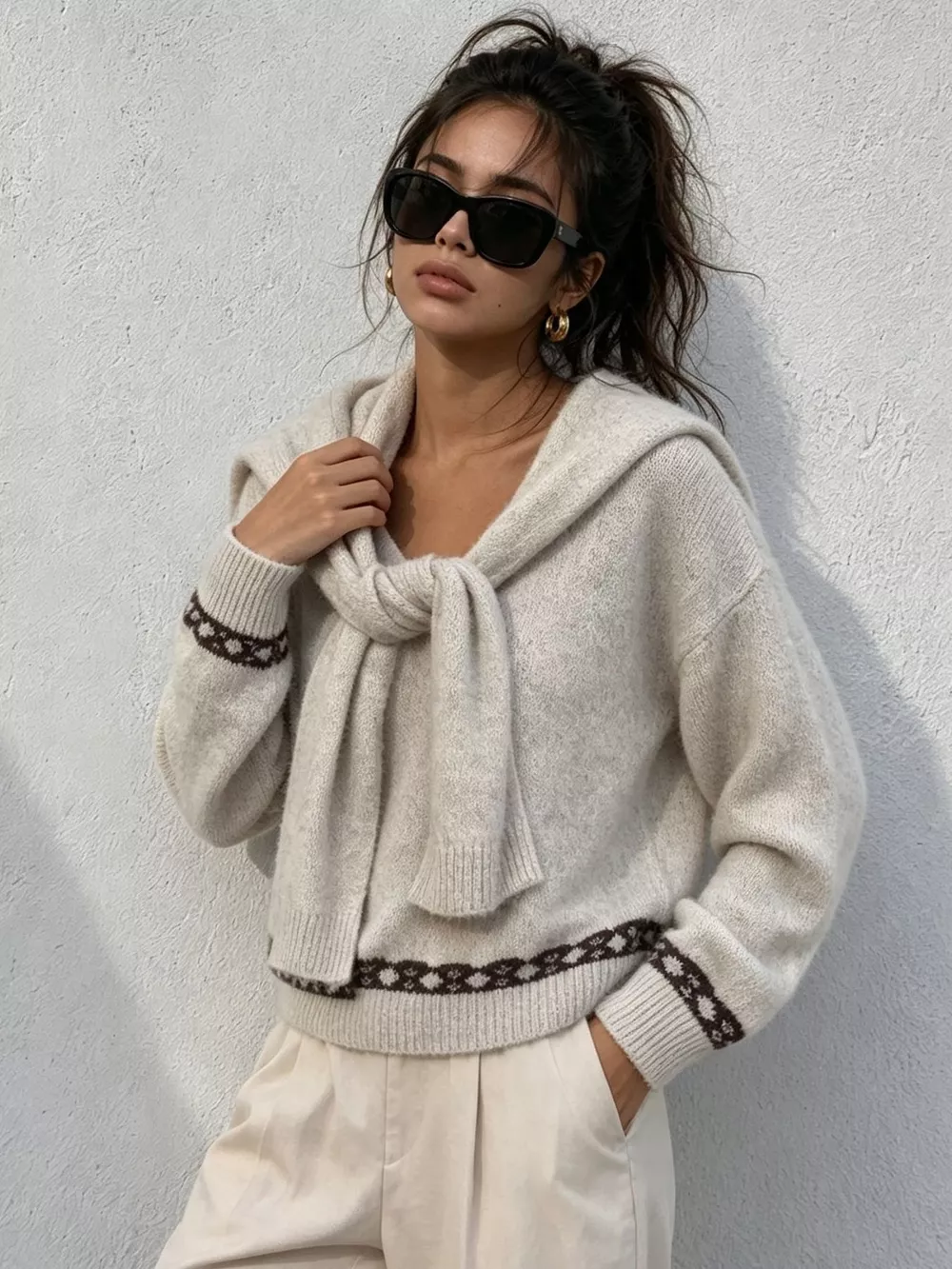 Scarf Detail Dropped Shoulder Sweater