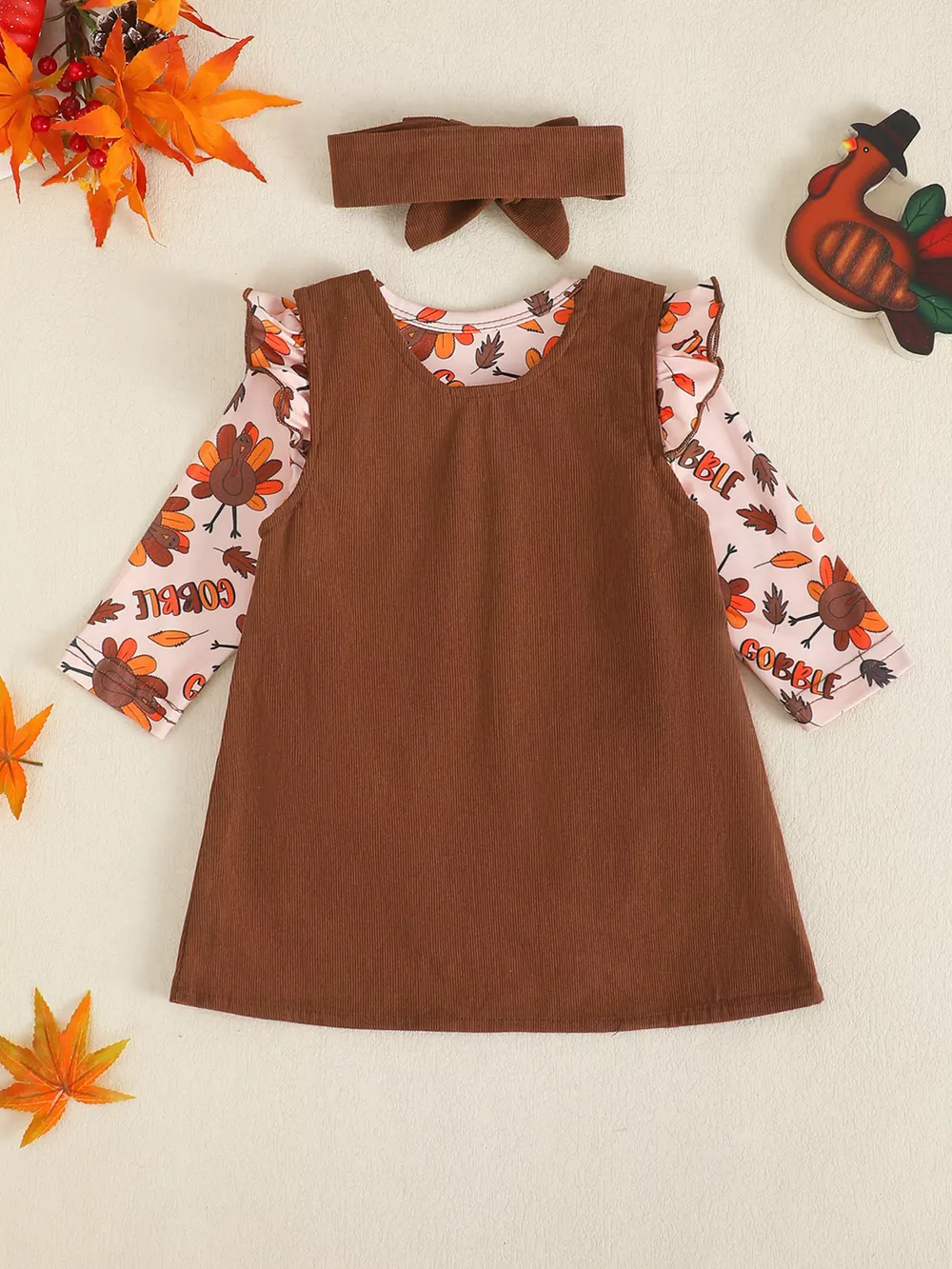 Children's Long Sleeve Bodysuit & Thanksgiving Turkey Dress Set with Headband, image 8