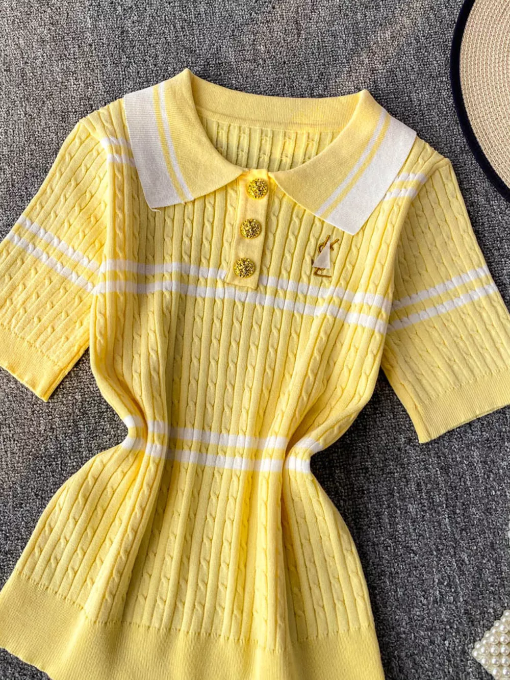 Striped Knit Polo Collar Top, image 4