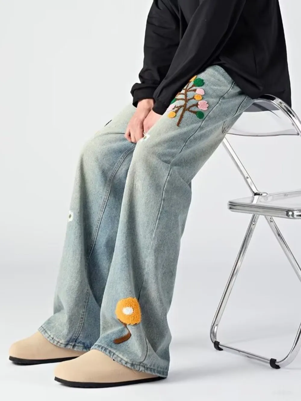 Men's Embroidered Wide Leg Jeans, image 6