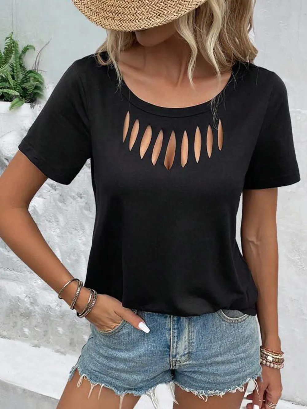 Hollow Out Neckline Short Sleeve T-Shirt, image 5