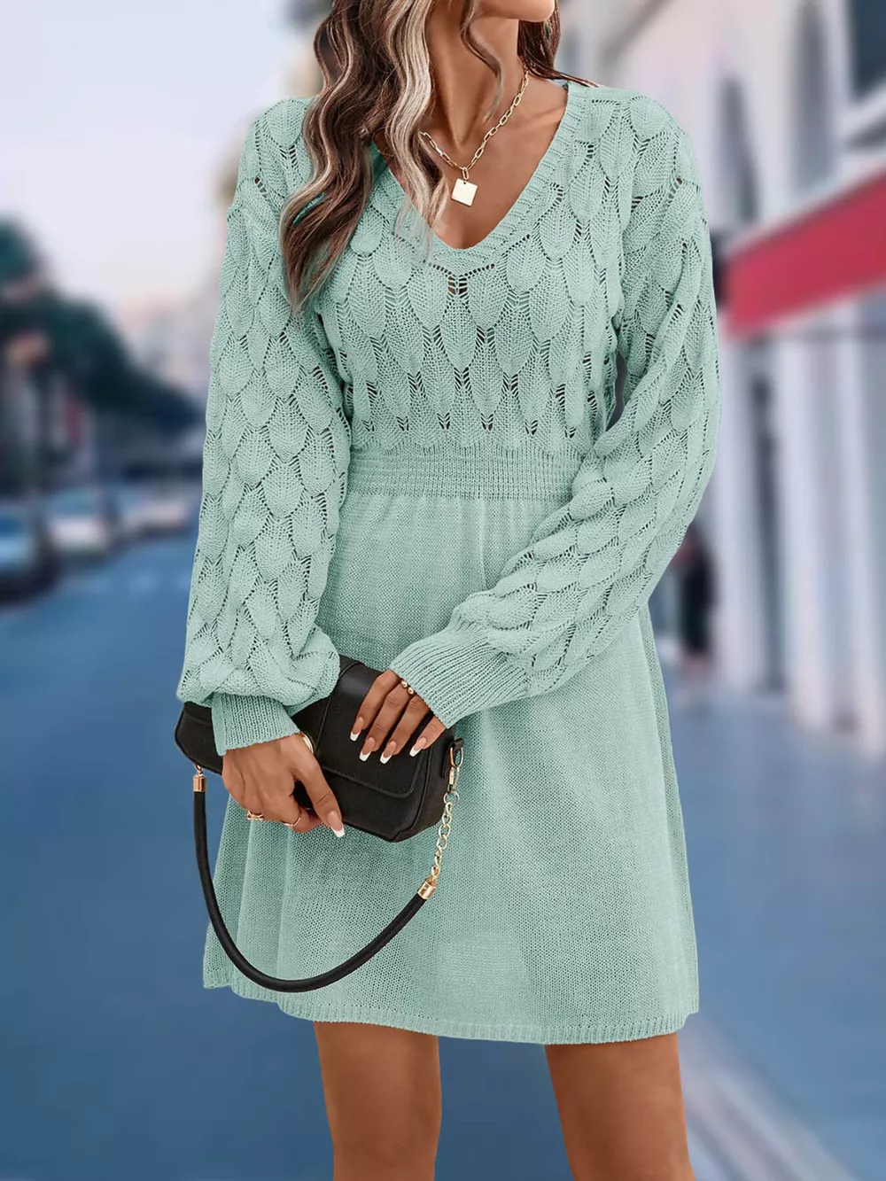 V-Neck Long Sleeve Sweater Dress, image 19