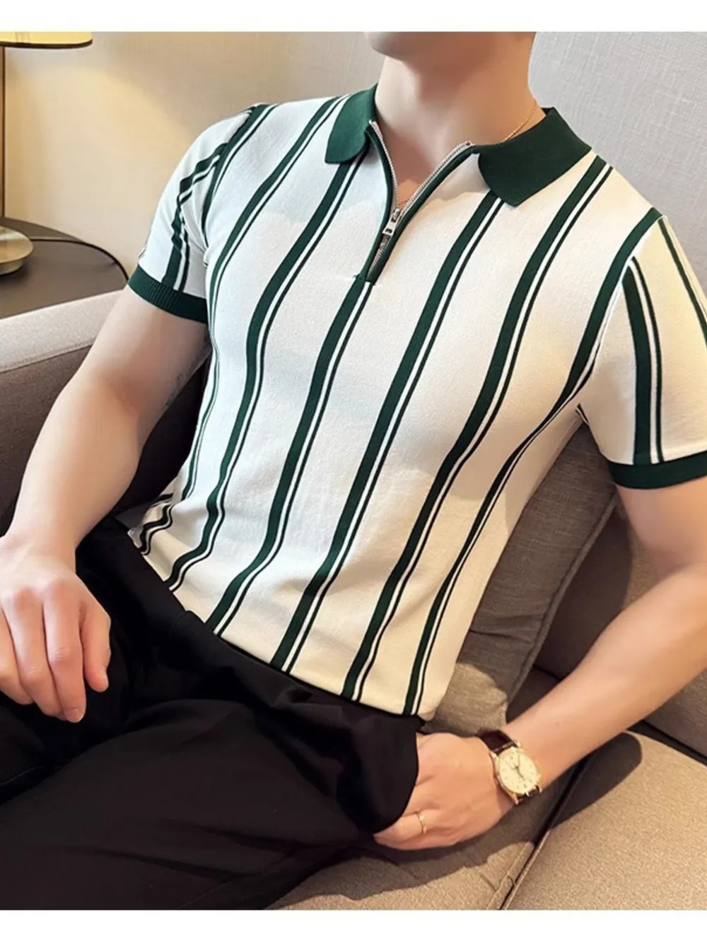 Men's Full Size Classic Striped Zip Collar Polo Shirt Plus Size, image 3