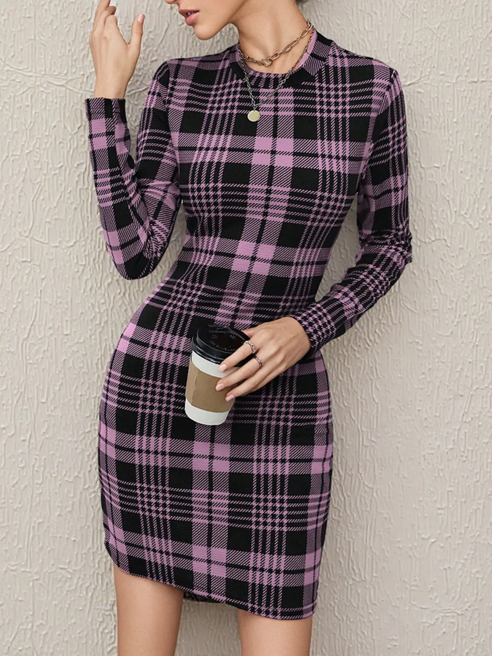 Long Sleeve Plaid Bodycon Mini Dress, image 12