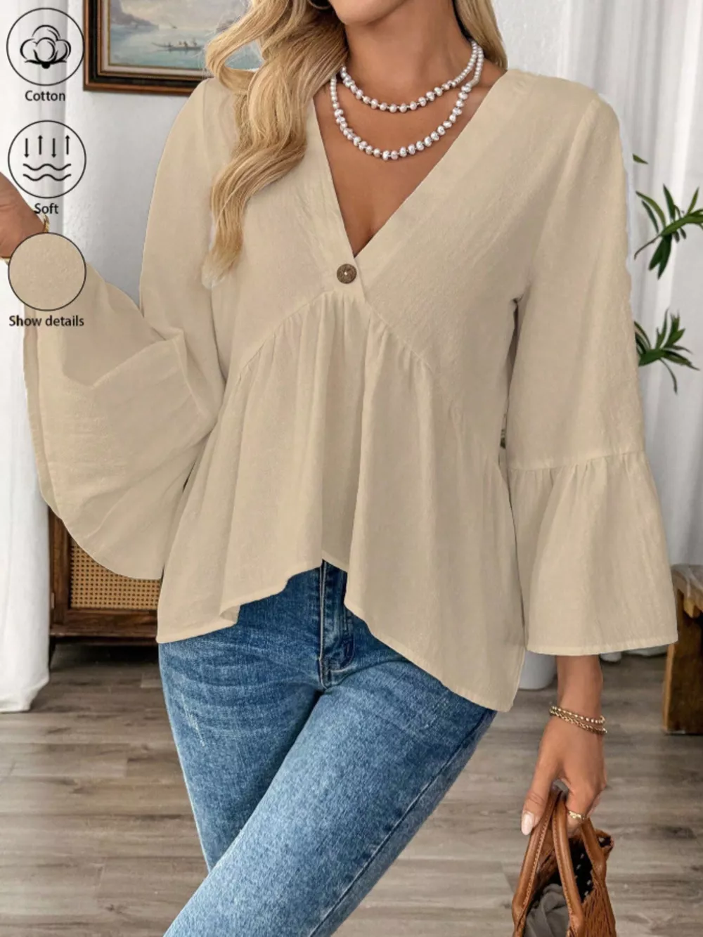 V-Neck Bell Sleeve Blouse, image 6