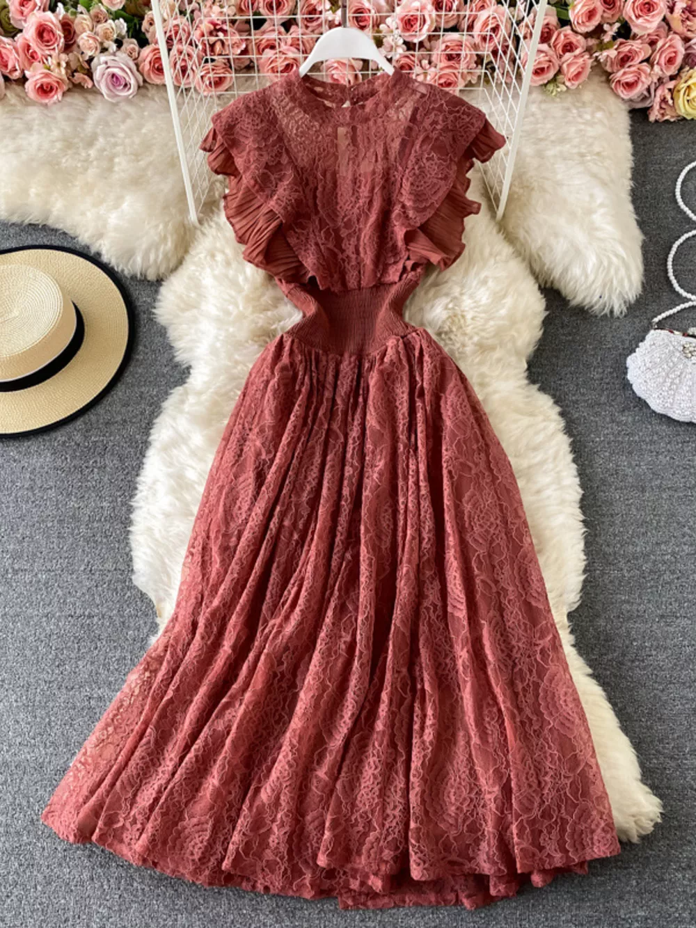Ruffled Mock Neck Lace Maxi Dress, image 17